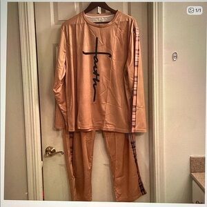 Women's Tan Pajama Set with Plaid Detail